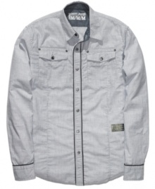 Change your pattern of casual dress with this slub-striped workshirt from DKNY. Change your pattern of casual dress with this slub-striped workshirt from DKNY.