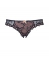 Get the sultry glamorous look of a vintage 1950s pin up girl in Von Follies by Dita Von Teeses black and nude stretch lace bikini briefs - Black stretch lace paneled front with slinky lightweight satin nude underlay, sheer black ruffled lace trim, sheer stretch lace sides and back, stitched nude satin trim - Full coverage - Wear with the matching balconette bra for a seriously seductive look