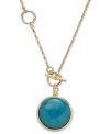 This alluring pendant necklace from Fossil features a watch fob-inspired pendant with a round teal-dyed jade bead. Crafted in shiny gold tone mixed metal. Adjustable front toggle closure. Approximate length: 22 to 25 inches + 2-inch extender. Approximate drop: 4-1/2 inches.