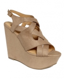 On top of the world. Take your look to new heights with the towering platform wedge of the Nadeen sandals by Kesli Dagger. On top of the world. Take your look to new heights with the towering platform wedge of the Nadeen sandals by Kesli Dagger.