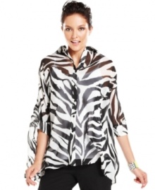A diaphanous zebra-print blouse from Alfani offers a chic alternative to classic tailored pieces with its softly voluminous silhouette. A diaphanous zebra-print blouse from Alfani offers a chic alternative to classic tailored pieces with its softly voluminous silhouette.