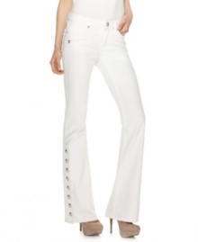 Biker-chic gets updated for spring with these white moto-inspired Andrew Charles flared jeans featuring hardware buttons to up the edge! Biker-chic gets updated for spring with these white moto-inspired Andrew Charles flared jeans featuring hardware buttons to up the edge!