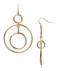 Shapely and striking. RJ Graziano puts a fresh spin on the classic hoop earring with linked circular drops in gold plated metal. Shapely and striking. RJ Graziano puts a fresh spin on the classic hoop earring with linked circular drops in gold plated metal.