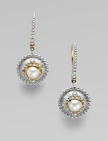 Lustrous pearl, dazzled by diamonds and accented by gold and silver balls.Diamonds, 0.06 tcw White freshwater pearls 18K yellow gold Sterling silver Pierced Imported