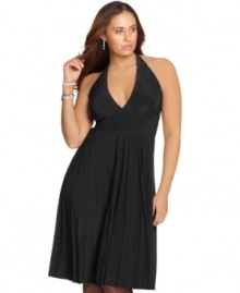 Look sensational at your special events with Soprano's halter plus size dress, defined by a flattering empire waist and A-line shape! Look sensational at your special events with Soprano's halter plus size dress, defined by a flattering empire waist and A-line shape!