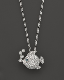Playful fish pendant in pave-set diamonds and 14K white gold. Playful fish pendant in pave-set diamonds and 14K white gold.