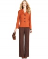 Le Suit creates a petite colorblocked duo with a tailored jacket in a bold autumnal hue and coordinating chestnut trousers.