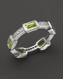 Faceted peridot and white sapphires, set in sterling silver, evoke art deco style. By Elizabeth Showers. Faceted peridot and white sapphires, set in sterling silver, evoke art deco style. By Elizabeth Showers.