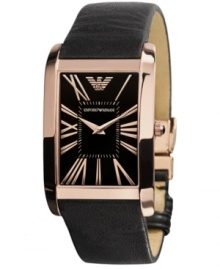 The warm hues emanating from this rosy timepiece by Emporio Armani truly capture the eye. Watch crafted of smooth black leather strap and rectangular rose-gold ion-plated stainless steel case. Black dial features rose-gold tone Roman numerals, two hands, inner minute track and logo at twelve o'clock. Quartz movement. Water resistant to 30 meters. Two-year limited warranty. The warm hues emanating from this rosy timepiece by Emporio Armani truly capture the eye. Watch crafted of smooth black leather strap and rectangular rose-gold ion-plated stainless steel case. Black dial features rose-gold tone Roman numerals, two hands, inner minute track and logo at twelve o'clock. Quartz movement. Water resistant to 30 meters. Two-year limited warranty.