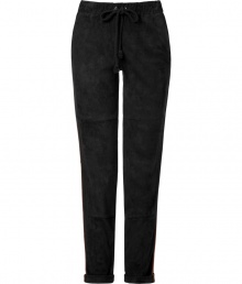 An ultra luxurious take on an easy casual favorite, LAgences drawstring suede pants are a luxe investment guaranteed to add a cool edge to your outfit, no matter how you wear them - Side slit pockets, drawstring waistline, cinnamon side stripes, rolled ankle cuffs, patchworked seaming - Easy slim fit - Team with tissue tees and flats, or with oversized knit tops and chic ankle boots An ultra luxurious take on an easy casual favorite, LAgences drawstring suede pants are a luxe investment guaranteed to add a cool edge to your outfit, no matter how you wear them - Side slit pockets, drawstring waistline, cinnamon side stripes, rolled ankle cuffs, patchworked seaming - Easy slim fit - Team with tissue tees and flats, or with oversized knit tops and chic ankle boots