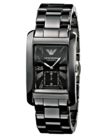 Revolutionize your look. This Emporio Armani watch features a lacquered black ceramic bracelet and rectangular case. Black dial with silvertone Roman Numerals, logo and subdial. Quartz movement. Water resistant to 30 meters. Two-year limited warranty. Revolutionize your look. This Emporio Armani watch features a lacquered black ceramic bracelet and rectangular case. Black dial with silvertone Roman Numerals, logo and subdial. Quartz movement. Water resistant to 30 meters. Two-year limited warranty.
