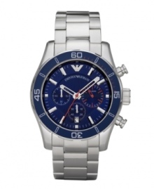 A vivid blue and red face transforms this classic Emporio Armani watch into a style statement. Stainless steel bracelet and round case with blue bezel. Blue chronograph dial features applied stick indices, minute track, date window at six o'clock, three subdials, luminous hour and minute hands, red second hand and logo. Quartz movement. Water resistant to 50 meters. Two-year limited warranty. A vivid blue and red face transforms this classic Emporio Armani watch into a style statement. Stainless steel bracelet and round case with blue bezel. Blue chronograph dial features applied stick indices, minute track, date window at six o'clock, three subdials, luminous hour and minute hands, red second hand and logo. Quartz movement. Water resistant to 50 meters. Two-year limited warranty.