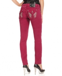Rhinestone & embroidered back pockets add eye-catching appeal to these colored-denim Miss Me skinny jeans -- perfect for daytime glam! Rhinestone & embroidered back pockets add eye-catching appeal to these colored-denim Miss Me skinny jeans -- perfect for daytime glam!