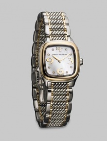 From the Thoroughbred Watch Collection. Mother-of-pearl dial with diamond markers in sterling silver, stainless steel and 18k gold bracelet. Diamond markers, 0.04 tcw Gold numerals Quartz ETA movement Made in Switzerland From the Thoroughbred Watch Collection. Mother-of-pearl dial with diamond markers in sterling silver, stainless steel and 18k gold bracelet. Diamond markers, 0.04 tcw Gold numerals Quartz ETA movement Made in Switzerland