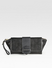 A modern and chic style in supple leather accented with python embossed suede.Wrist strap, 6 dropTop zip closure with magnetic snap flapOne inside zip pocketTwo inside open pocketsFully lined10½W X 6½H X 2DImported A modern and chic style in supple leather accented with python embossed suede.Wrist strap, 6 dropTop zip closure with magnetic snap flapOne inside zip pocketTwo inside open pocketsFully lined10½W X 6½H X 2DImported