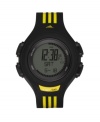 Yellow racing stripes match your energy level. Referee watch by adidas crafted of black polyurethane strap with yellow stripes and round plastic case. Positive display digital dial features day, date, time, alarm, timer and lap memory. Digital movement. Water resistant to 100 meters. Two-year limited warranty.