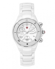 Michele Tahitian fashionable and sporty ceramic bracelet watch has three-eye chronograph functionality. Date window. Swiss movement. Water-resistant to 5 ATM (50 meters). Ceramic bracelet-style band. Signature MW crown. K-1 mineral crystal. Enamel dial. Michele Tahitian fashionable and sporty ceramic bracelet watch has three-eye chronograph functionality. Date window. Swiss movement. Water-resistant to 5 ATM (50 meters). Ceramic bracelet-style band. Signature MW crown. K-1 mineral crystal. Enamel dial.