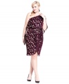 Painterly metallic polka-dots lend Adrianna Papell's plus size one-shoulder dress a ton of charm.