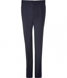 Add a high style kick to your black tie look with these modernized navy tuxedo pants from Marc Jacobs - Flap front, buttoned waist tabs, off-seam pockets, contrasting black panel at leg, back welt pockets with buttons, creasing at leg, slim fit - Pair with a matching jacket, or edge it up with a tee and a leather biker jacket