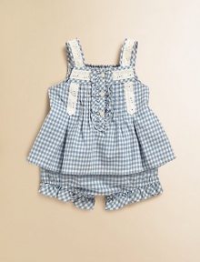 Delicate lace trim adorns the shoulder straps and neckline of this pretty top and bloomer set, rendered in a bright gingham check for preppy warm-weather style.Straight necklineWide strapsButton-frontRear smockingFlared hemElastic waistbandCottonMachine washImported Please note: Number of buttons may vary depending on size ordered. 