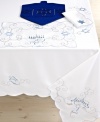 Dreidel you shall play. Keep spirits high for eight days and beyond with festive Hanukkah placemats.  An embroidered menorah and stars, plus delicate cutwork and scalloped edges create a fresh backdrop for traditional fare.