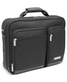 Skilled in the business of your business. Skip hassle, confusion & disorganization when you travel with this fully-stocked and durable brief. Featuring a convertible back zip pocket that slides over the handles of rolling uprights, this brief is an easy traveler with a slim design that packs in your laptop, important files, accessories and everything you need to travel like a pro.