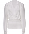 Amp up your stylish separates with this ultra-luxe chiffon top from LWren Scott - V-neck, faux-wrap, gathered shoulders, draped silhouette, fitted waist - Style with a pencil skirt, sky-high heels, and a statement clutch