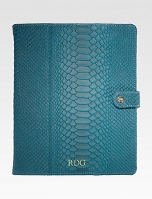 Designed to fold horizontally or vertically to hold your device at the ideal angle for viewing video or typing. This case holds your iPad securely with four leather wrapped corner straps and a snap closure.Accommodates all iPad models8 X 10Embossed pythonMade in USAPlease note: iPad not includedFOR PERSONALIZATIONSelect a color and quantity, then scroll down and click on PERSONALIZE & ADD TO BAG to choose and preview your monogramming options. 