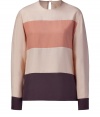 Artful eggshell, blush, and mink paneled silk top by Raoul - This sophisticated silk top makes a bold yet chic statement - Elegant high neck with color blocking and keyhole button closure at neckline - Style with slim jeans, platforms, and a blazer