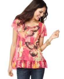 Fluttering butterflies adorn this sweet tee from Style&co. Ruffles and sequins up the flirty factor! (Clearance) Fluttering butterflies adorn this sweet tee from Style&co. Ruffles and sequins up the flirty factor! (Clearance)