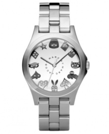 Put on some crafty characters to brighten your day! This Marc by Marc Jacobs watch features a stainless steel bracelet and round case. White dial with Miss Marc characters at markers and logo. Quartz movement. Water resistant to 30 meters. Two-year limited warranty.