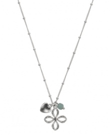 It's a charmed life. Embrace it with this free-spirited style by Fossil. Necklace features a cut-out flower pendant, with matching heart and faceted amazonite charms. Setting, chain, and charm clasp crafted in silver tone mixed metal. Approximate length: 16 inches + 2-inch extender. Approximate drop: 3/4 inch. It's a charmed life. Embrace it with this free-spirited style by Fossil. Necklace features a cut-out flower pendant, with matching heart and faceted amazonite charms. Setting, chain, and charm clasp crafted in silver tone mixed metal. Approximate length: 16 inches + 2-inch extender. Approximate drop: 3/4 inch.