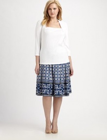 A perfectly printed and pleated A-line design that is guaranteed to be a must-have this season. Wide waistbandPleated details on front and backSide zipperAbout 27 long97% cotton/3% elastaneDry cleanImported of Italian fabric A perfectly printed and pleated A-line design that is guaranteed to be a must-have this season. Wide waistbandPleated details on front and backSide zipperAbout 27 long97% cotton/3% elastaneDry cleanImported of Italian fabric