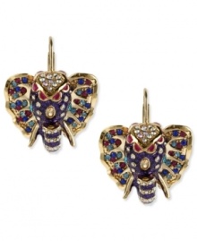 An elephant never forgets. These pretty pachyderm earrings from Betsey Johnson are embellished with multi-colored crystal accents and gold tone details. Crafted in antiqued gold tone mixed metal. Approximate drop: 1-1/3 inches. An elephant never forgets. These pretty pachyderm earrings from Betsey Johnson are embellished with multi-colored crystal accents and gold tone details. Crafted in antiqued gold tone mixed metal. Approximate drop: 1-1/3 inches.