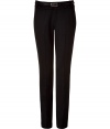 Elegant tuxedo pants in a fine black wool-Lycra blend - Straight, very slim, masculine cut - With creases, waistband, belt loops and a slim leather belt - Looks festive and chic, can be worn for all evening occasions when you want to look elegant