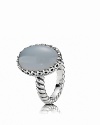 Polished chalcedony set in beaded sterling silver makes a strong visual statement. A twisted band completes the sophisticated style. Ring by PANDORA.