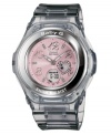 This Baby-G watch features multifunctionality with the prettiest face. Gray resin strap and round case. Pink analog-digital dial with crystal accents, numerals at indices, shock resistance, LED light with afterglow, world time, four daily alarms, one snooze alarm, countdown timer, hourly time signal, auto calendar and 12/24-hour formats. Quartz movement. Water resistant to 100 meters. One-year warranty.