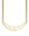 Make like a golden goddess in Charter Club's Greek-key themed frontal necklace. An intricate cut-out design combines with a trendy double chain set in gold tone mixed metal. Approximate length: 14 inches + 2-inch extender. Approximate drop length: 1-3/4 inches. Approximate drop width: 4 inches.
