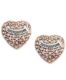 Follow your heart. These ladylike heart stud earrings feature pink pave crystals and a silver tone logo banner. Crafted from gold tone mixed metal. Approximate diameter: 3/8 inch. Follow your heart. These ladylike heart stud earrings feature pink pave crystals and a silver tone logo banner. Crafted from gold tone mixed metal. Approximate diameter: 3/8 inch.