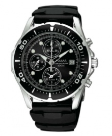 A comfortable feel and practical functions combine in this sleek, athletic men's watch from Pulsar. Black polyurethane strap and silvertone stainless steel round case. Black round dial with three subdials, date window, logo and stick indices. Quartz movement. Water resistant to 100 meters. Three-year limited warranty. A comfortable feel and practical functions combine in this sleek, athletic men's watch from Pulsar. Black polyurethane strap and silvertone stainless steel round case. Black round dial with three subdials, date window, logo and stick indices. Quartz movement. Water resistant to 100 meters. Three-year limited warranty.