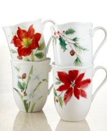 A season of entertaining and celebration will flourish with the assorted Winter Meadow mugs from Lenox. Red poinsettia and amaryllis, crisp holly and delicate paperwhites bloom on scalloped ivory porcelain with elegant gold script.