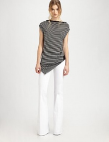 Parisian-inspired stripes highlight soft cotton jersey in this draped, hi-lo hem topper.Modified cowlneckDropped shouldersDraped frontHem longer frontBanded back hemPullover style40% viscose/33% cotton/27% nylonDry cleanImported of Italian fabricModel shown is 5'9½ (175cm) wearing US size Small. Parisian-inspired stripes highlight soft cotton jersey in this draped, hi-lo hem topper.Modified cowlneckDropped shouldersDraped frontHem longer frontBanded back hemPullover style40% viscose/33% cotton/27% nylonDry cleanImported of Italian fabricModel shown is 5'9½ (175cm) wearing US size Small.