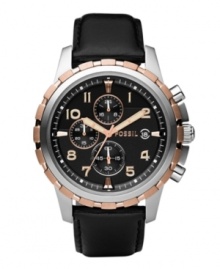 Mix things up with Fossil's combination of striking metal tones and leather on this chronograph watch. Mix things up with Fossil's combination of striking metal tones and leather on this chronograph watch.