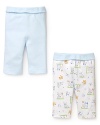 This set of 2 cheery pants features one solid pair and one printed with pointy-eared rabbits.