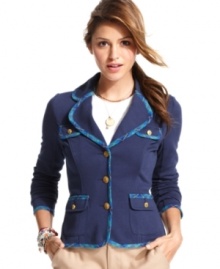 Rock the hallways in this blazer from Tommy Girl! Crest buttons and plaid trims enhances the layer with super-preppy style. Rock the hallways in this blazer from Tommy Girl! Crest buttons and plaid trims enhances the layer with super-preppy style.