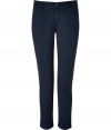 Stylish pant in fine, dark grey-blue cotton stretch blend - Traditional slim-leg, chino cut - New 7/8 length crops at ankles - Medium low rise - Belt loops and single button closure - Pockets at sides and welt pockets at rear - Classically cool and comfortably chic, ideal for both work and leisure - Pair with a silk top, blazer and pumps, or go for a more casual look with a t-shirt, cardigan and ballet flats
