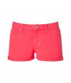 Get the look of the season in these bold colored denim shorts from Marc by Marc Jacobs - Five-pocket styling, cuffed hem, ultra-short length - Style with an oversized blouse, platform booties, and a printed tote