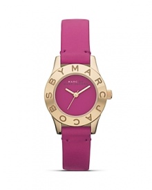 Perfect playful accessorizing with this watch from MARC BY MARC JACOBS. With a soft matte leather band and logo-engraved bezel, this piece has style-setter written all over it. Perfect playful accessorizing with this watch from MARC BY MARC JACOBS. With a soft matte leather band and logo-engraved bezel, this piece has style-setter written all over it.