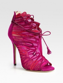 Braided leather laces top off this flirty peep toe design, constructed of semi-sheer mesh, suede and leather. Suede-covered heel, 5 (125mm)Suede and mesh upperPeep toeLeather lining and solePadded insoleMade in Italy Braided leather laces top off this flirty peep toe design, constructed of semi-sheer mesh, suede and leather. Suede-covered heel, 5 (125mm)Suede and mesh upperPeep toeLeather lining and solePadded insoleMade in Italy
