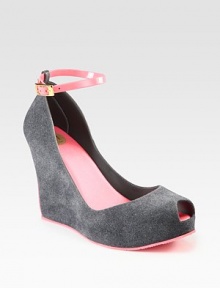 A fabulous option for every day, this felt-covered design features a peep toe and high wedge.Felt-covered wedge, 4 (100mm)Felt-covered platform, ¼ (5mm)Compares to a 3¾ heel (95mm)Melflex plastic upperAdjustable ankle strapMelflex plastic lining and solePadded insoleImported A fabulous option for every day, this felt-covered design features a peep toe and high wedge.Felt-covered wedge, 4 (100mm)Felt-covered platform, ¼ (5mm)Compares to a 3¾ heel (95mm)Melflex plastic upperAdjustable ankle strapMelflex plastic lining and solePadded insoleImported